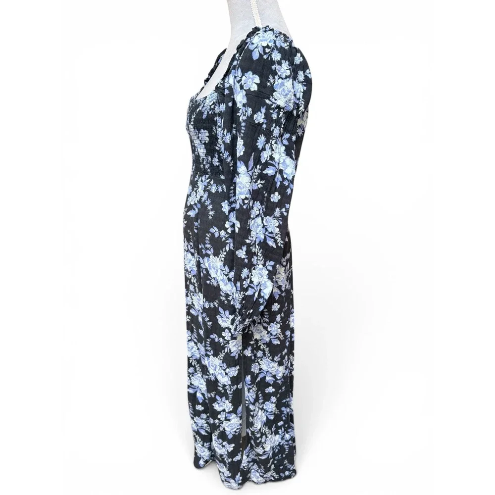 Free People Floral Maxi Dress Blue Black Small Smocked Long Sleeve Square Neck‎